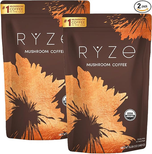 RYZE Starter Kit | Mushroom Coffee Bundle | 6 Adaptogenic Mushrooms | USDA Organic | Instant Coffee | MCT Oil | USA Grown | Better Energy, Focus, Digestion, Immunity | 60 servings