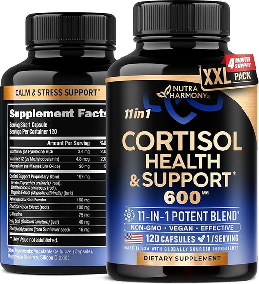 Cortisol Supplement for Women - Natural Based Hormone Balance - Ashwagandha | Rhodiola | Holy Basil | L-Theanine - Mood, Focus & Sleep Support - Made in USA - Vegan, Non-GMO - 120 Capsules for 4 Month