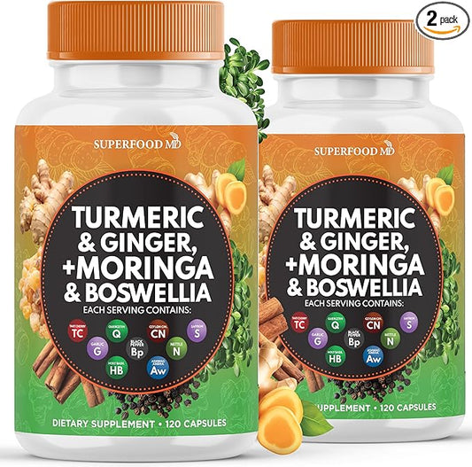 Turmeric Moringa Supplement | Ginger, Boswellia, Saffron, Holy Basil- Joint Support Supplement for Women and Men with Ceylon Cinnamon, Quercetin, Tart Cherry- 240 Count