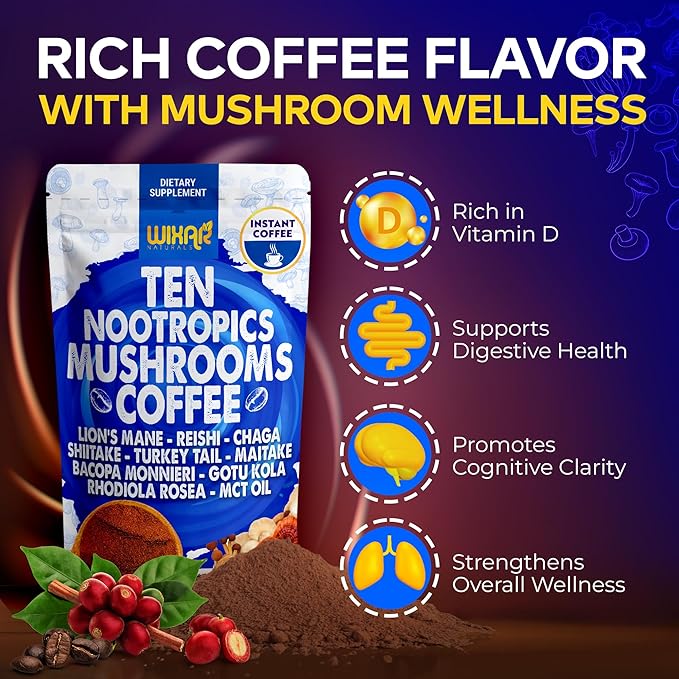 Wixar Nootropics Mushroom Coffee - Ten Superfood Extract Instant Coffee Powder with Lions Mane, Turkey Tail, Reishi, Chaga, Shiitake, Rhodiola Rosea, Gotu Kola, Bacopa - 5oz Mushrooms Supplement