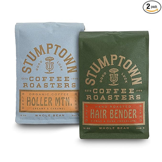 Bundle of Stumptown Coffee Roasters, Medium Roast Organic Whole Bean Coffee - Holler Mountain 12 Ounce Bag + Stumptown Coffee Roasters, Medium Roast Whole Bean Coffee - Hair Bender 12 Ounce Bag