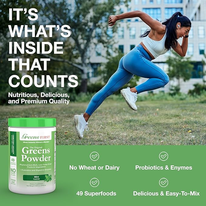 Greens First Original Greens Powder - 49 Superfoods - Organic Fruits & Veggies - Prebiotics, Probiotics & Digestive Enzymes - Antioxidant Smoothie - Dairy Free, Vegan & Non-GMO (Mint, 30 Servings)