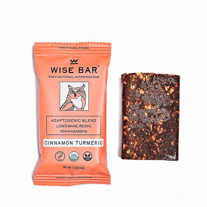 WISE BAR Adaptogen Mushroom Nutrition Bars with Reishi, Lions Mane & Ashwagandha, Organic Vegan & Gluten Free Snacks for Natural Focus, Energy & Immunity Support, Cinnamon Turmeric Flavor, 12 Count