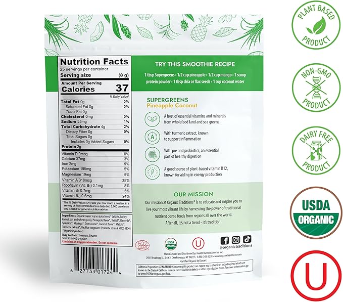 Organic Traditions Super Greens Powder Superfood with Turmeric, Pineapple Coconut Flavored Organic Greens Superfood Powder, 200g / 7oz Bag
