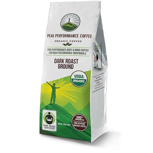 Peak Performance High Altitude Organic Coffee. Fair Trade, Low Acid, Non GMO, and Beans Full Of Antioxidants. Dark Roast Smooth Tasting USDA Certified Organic Ground Coffee Bag