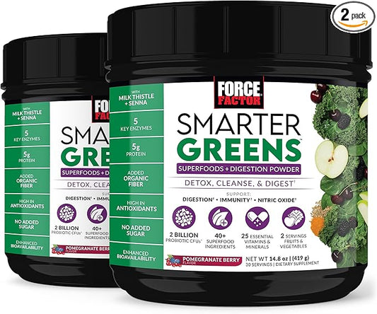 Force Factor Smarter Greens Superfoods Powder to Support Digestion, Gut Health, Bloating, Greens Powder with Probiotics, Prebiotics, Digestive Enzymes, & Adaptogens, Pomegranate Berry, 60 Servings