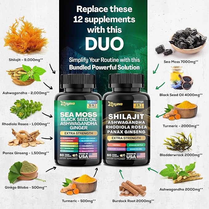 Zoyava Dynamic Vitality Bundle, Sea Moss 7000mg, Black 4000mg, Ashwagandha 2000mg, Ginger 9000mg, Rhodiola 1000mg, Panax (60 Count)