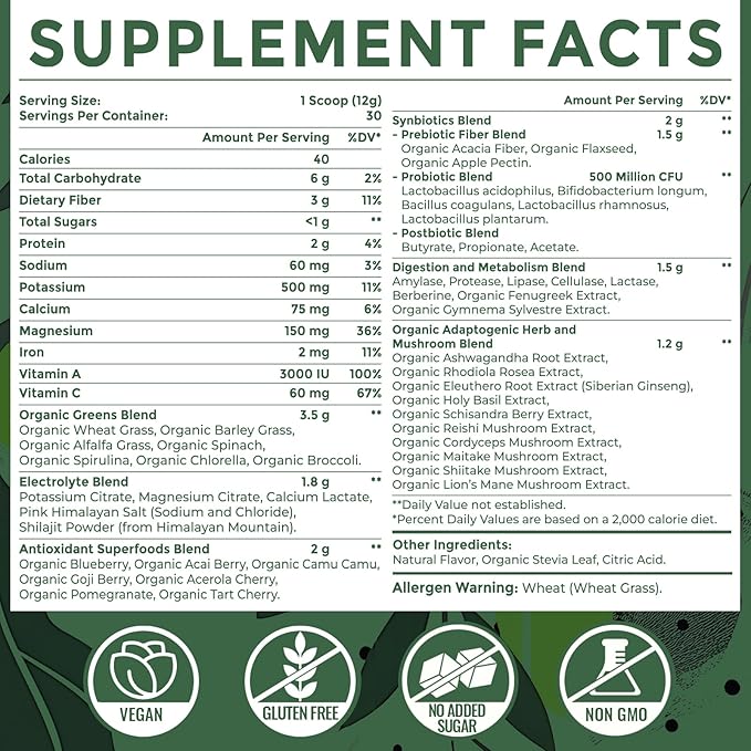 Super Greens Powder Superfood Supplement + Electrolytes & Tonic Herbs | Organic Greens, Adaptogens, Shilajit, Antioxidants, Prebiotic & Probiotic & Postbiotic | for Gut, Energy & Immune | 30 Servings
