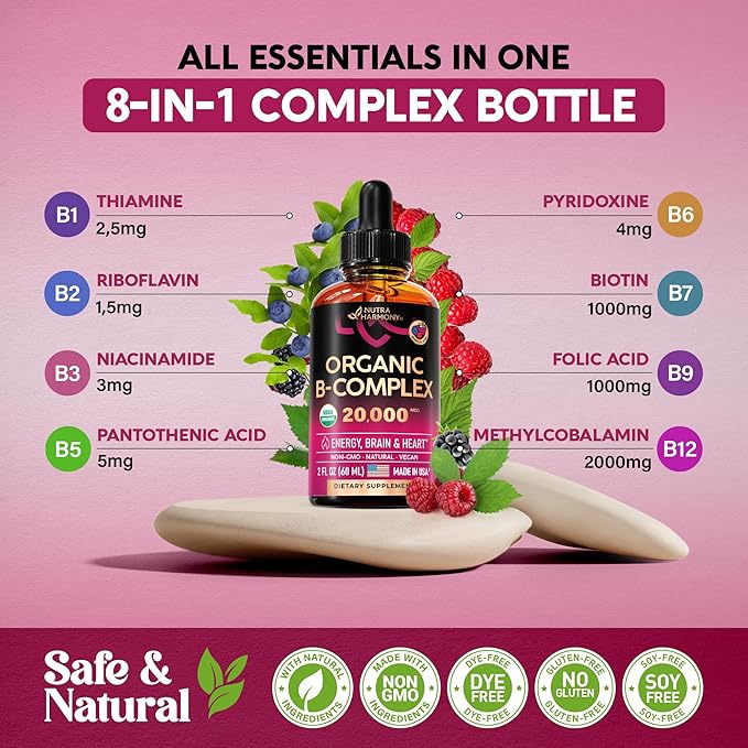 USDA Organic Vitamin B-Complex B5 Pantothenic Acid B12 Methylcobalamin B1 Thiamine B6 Pyridoxine B7 Biotin B9 Folic B3 Niacinamide 2fl oz