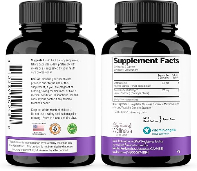 Sandhu's Quercetin with Bromelain Supplement - 1000mg Per Serving 120 Vegetarian Capsules - Bioflavonoids Quercitin Complex for Immune Support & Respiratory Health