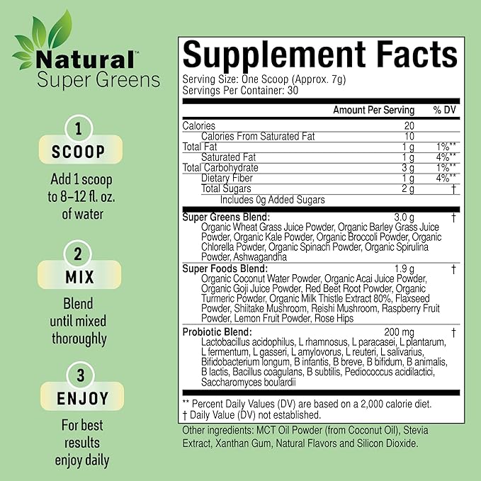 Natural Super Greens Powder Organic| Green Supplements| Great Tasting Fruits and Vegetables Juice & Smoothie Mix| Probiotics & Digestive Enzymes| Green Superfood Spirulina & Chlorella (Coconut)