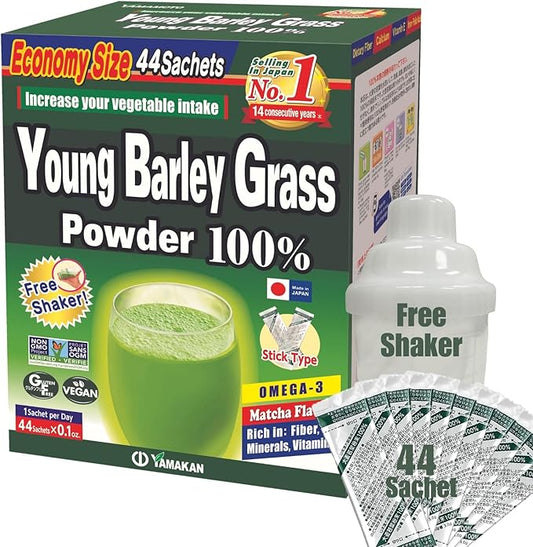 Yamamoto 山本漢方製薬株式会社 Kanpoh Barley Grass Powder, 100% Green Superfood, Japan's Green Juice for Health & Vitality, Rich in Vitamins & Minerals, Non-GMO, Vegan, 44 Sachet