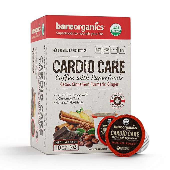 BareOrganics 13313 Cardio Care USDA Organic Coffee Pods, Compatible Organic Coffee Pods, Infused with Superfoods & Probiotics, Vegan Friendly, Gluten Free, 10 Single Serve Cups