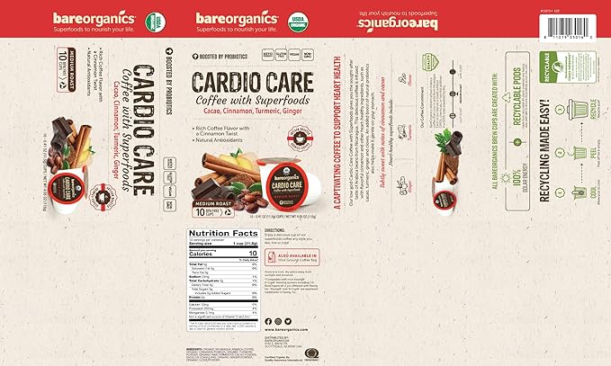BareOrganics 13313 Cardio Care USDA Organic Coffee Pods, Compatible Organic Coffee Pods, Infused with Superfoods & Probiotics, Vegan Friendly, Gluten Free, 10 Single Serve Cups
