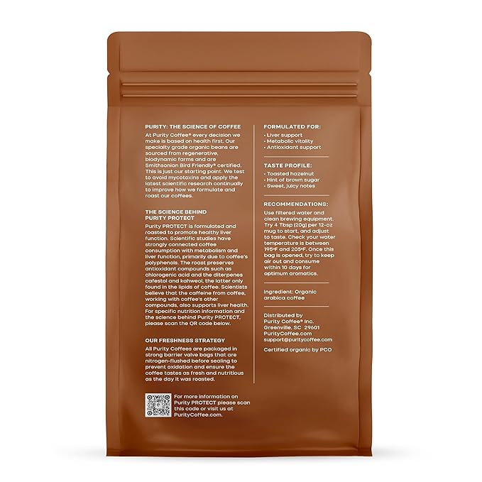 Purity Coffee PROTECT Light-Medium Roast Ground Coffee for Liver Vitality - USDA Organic and Third-Party Tested for Antioxidants, Mold, Mycotoxins and Pesticides - 12oz