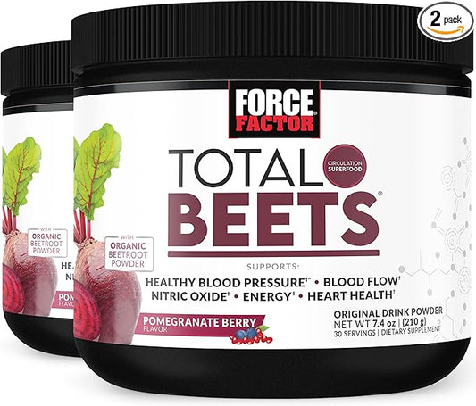 Force Factor Total Beets Drink Mix Superfood Powder with Nitrates to Support Circulation, Nitric Oxide, Energy, Endurance, and Stamina, Cardiovascular Heart Health Supplement, 60 Servings, 2-Pack