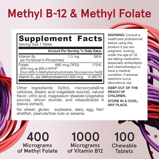 Jarrow Formulas Extra Strength Methyl B-12 1000mcg & 400 mcg P-5-P, Supplement Support,100 Chewable Tablets,100 Day 12 Packs