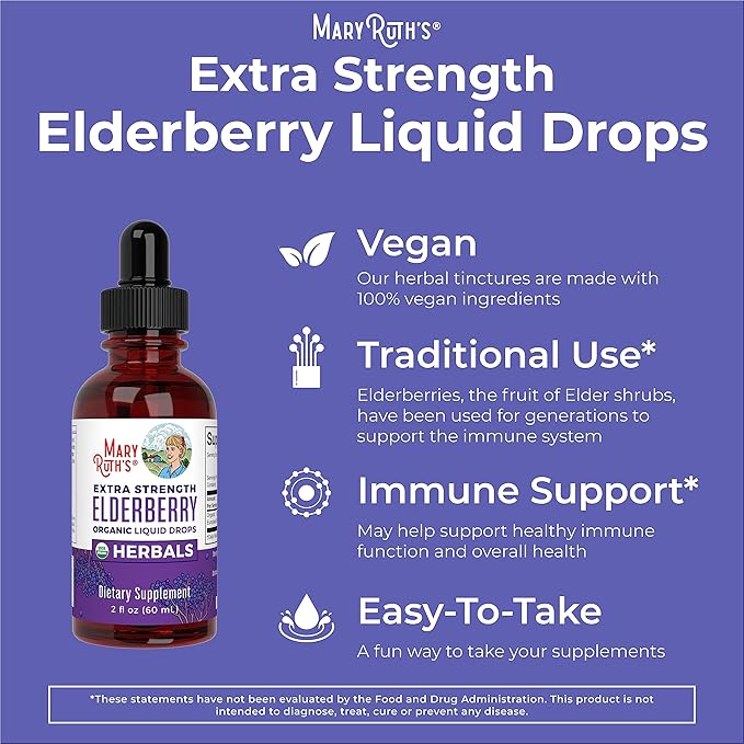 MaryRuth Organics Elderberry Syrup Extra Strength, USDA Organic Elderberry, Sugar Free Adults & Kids Immune Support Supplement for Ages 1+, Clean Label Project Verified®, Vegan, Gluten Free, 2 Fl Oz