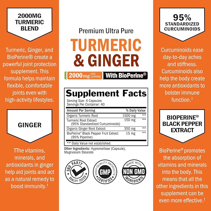 Turmeric Curcumin and Ginger 2000mg 95% Standardized 160 Capsules