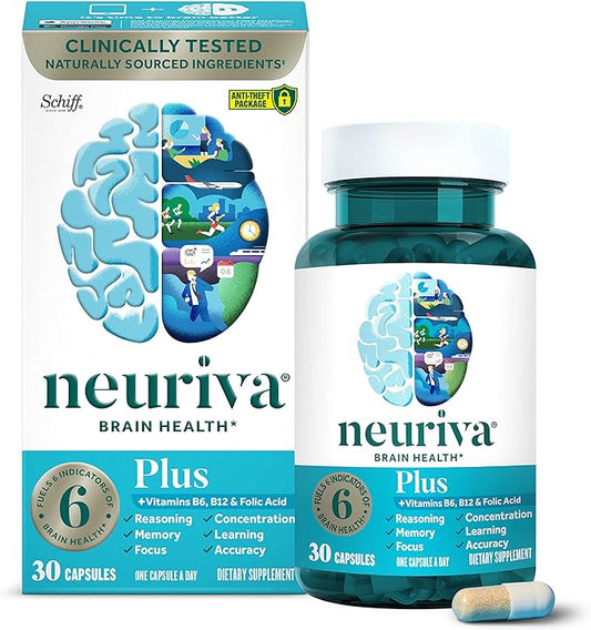 NEURIVA Plus Brain Supplement for Memory B6, B12, B12, Phosphatidylserine 30 Capsules