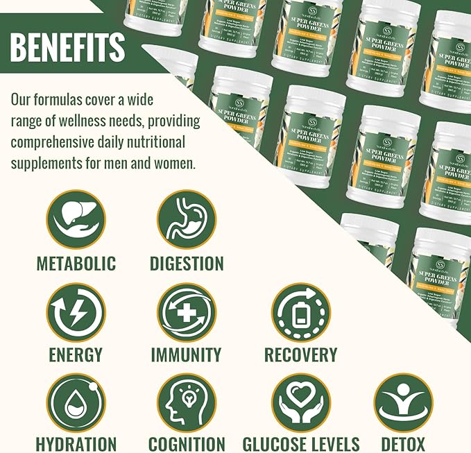 Super Greens Powder Superfood Supplement + Electrolytes & Tonic Herbs | Organic Greens, Adaptogens, Shilajit, Antioxidants, Prebiotic & Probiotic & Postbiotic | for Gut, Energy & Immune | 30 Servings