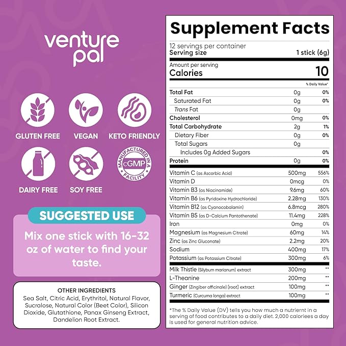 Venture Pal Liver Cleanse Detox & Repair, Liver Support with Milk Thistle + Ginger & Turmeric + L-Theanine + 5 Vitamins & 7 Electrolytes, Rapid Rehydration & Weekend Recovery Powder Packets, 12 Sticks