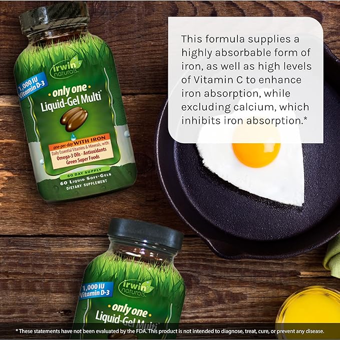 Irwin Naturals Only One Liquid-Gel Multi with Iron - 60 Liquid Softgels - Daily Essential Vitamins, Minerals, Antioxidants, Omega-3s & Green Super Foods