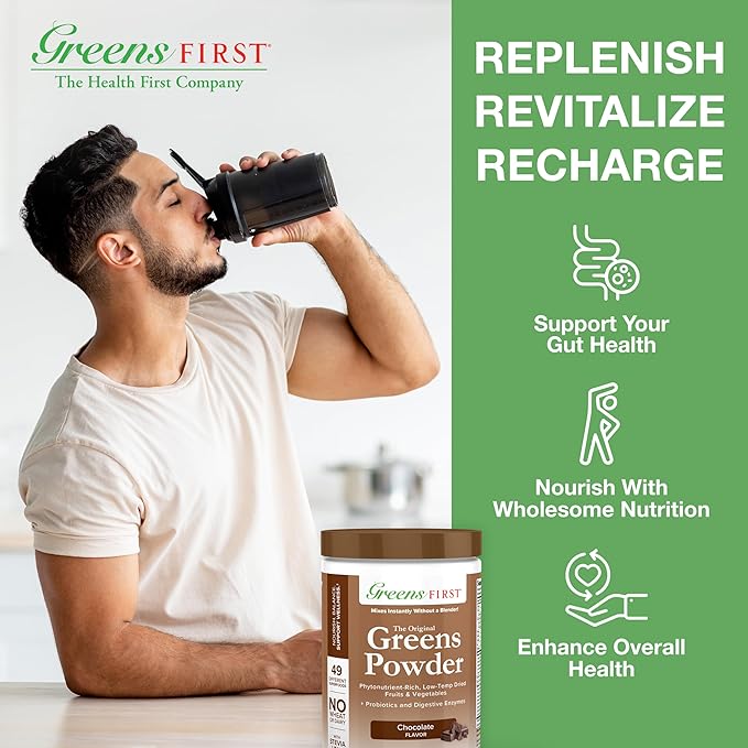 Greens First Original Greens Powder - 49 Superfoods - Organic Fruits & Veggies - Prebiotics, Probiotics, Digestive Enzymes - Antioxidant Smoothie - Dairy Free, Vegan, Non-GMO (Chocolate, 30 Servings)