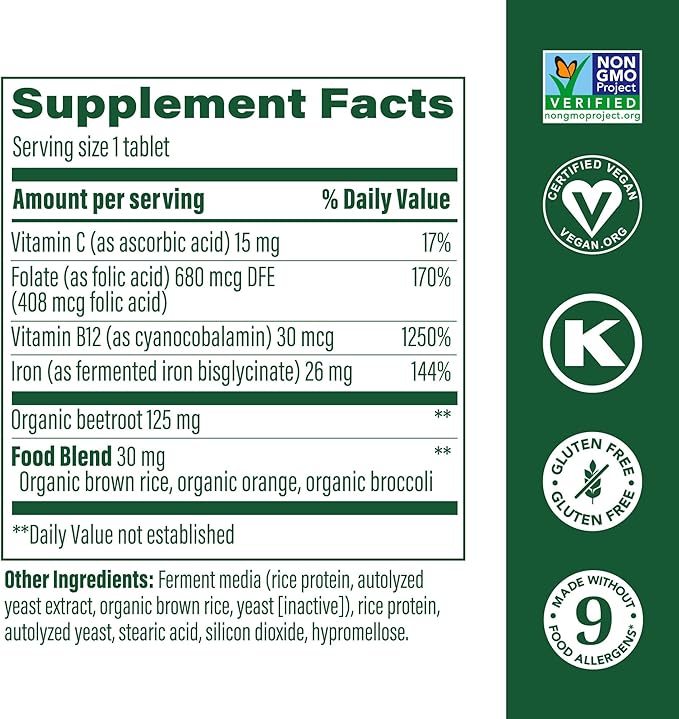 MegaFood Blood Builder - Iron Supplement Clinically Shown to Increase Iron Levels without Side Effects - Iron Supplement for Women with Vitamin C, Vitamin B12 and Folic Acid - Vegan - 90 Tabs