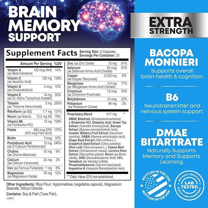 Brain Supplements for Memory and Focus - 40 Nootropics & Vitamins to Support for Alertness, Clarity & Concentration, Brain Health, B6, B12, Phosphatidylserine - 60 Capsules