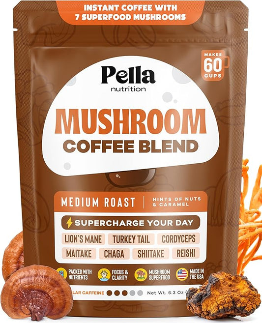 Pella Nutrition Organic Mushroom Instant Coffee (60 Servings) with 7 Superfood Mushrooms, Great Tasting, Includes Lion's Mane, Reishi, Chaga, Cordyceps, Shiitake, Maitake, and Turkey Tail