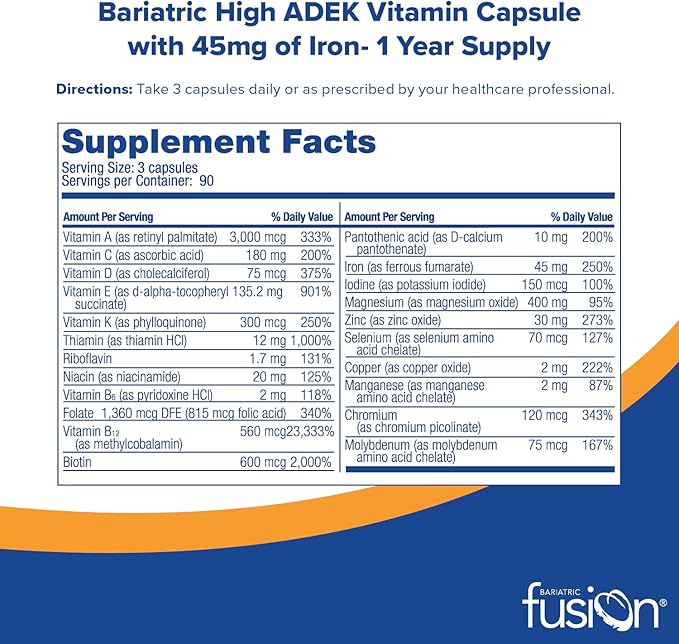 Bariatric Fusion High ADEK Multivitamin Capsule 45mg Iron 1080 Capsules 1 Year
