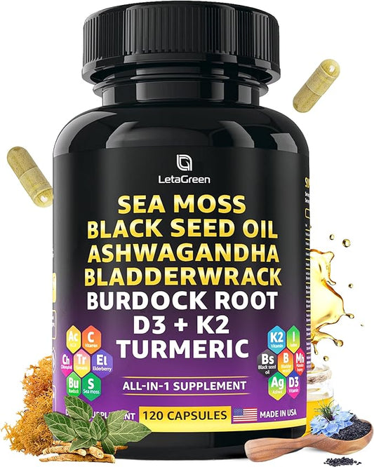 Sea Moss 3000mg Black Seed Oil 2000mg Ashwagandha 1000mg Bladderwrack 1000mg Burdock 1000mg Turmeric 1000mg & D3, K2 K2 with 120 Count