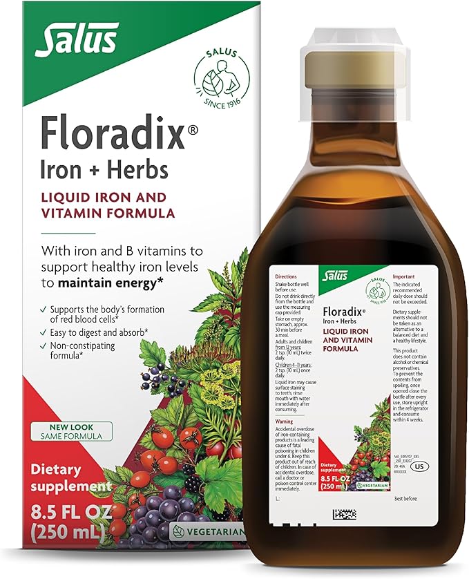 Floradix by Salus Iron & Herbs - Liquid Herbal Supplement for Energy Support - Iron Supplement with Vitamin C & B Complex Vitamins - for Men & Women - 8.5 oz