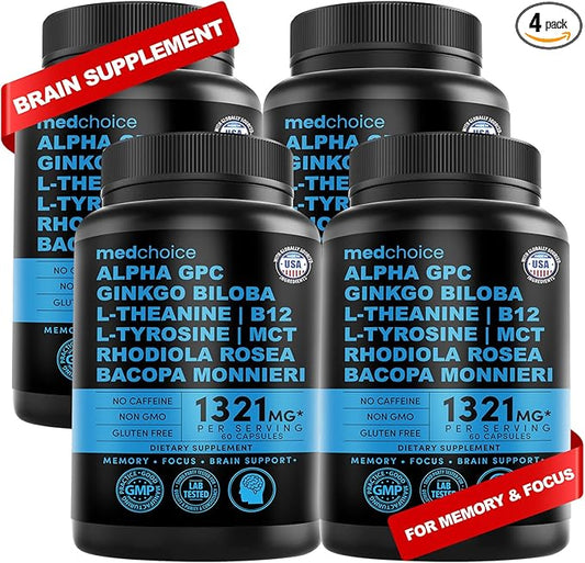 11-in-1 Nootropic Brain Supplements for Memory, Focus and Brain Support with Ginkgo Biloba, L Theanine, Bioperine, Alpha GPC, Choline - 1321mg, Stimulant Free, Vegan (60ct, Pack of 4)