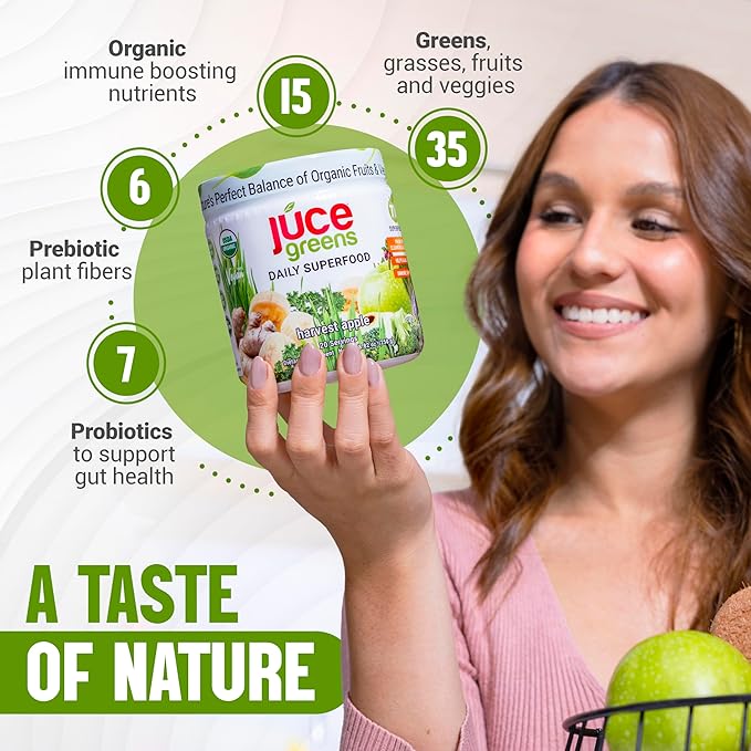 JUCE Green Superfood Powder, Organic Fruits and Veggies Supplement W/ 77 Superfoods Plus Prebiotic Probiotic Blend, Harvest Apple Flavor - 20 Servings (230 g) - By Terra Kai Organics