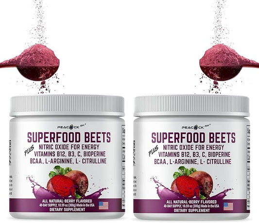 Beet Root Powder, 10.59 oz, Pack of 2 - Berry Flavor Nitric Oxide Booster Superfood with Green Tea Extract, BCAA, L-Arginine, L-Citrulline for Heart Health & Circulation Support, Non-GMO