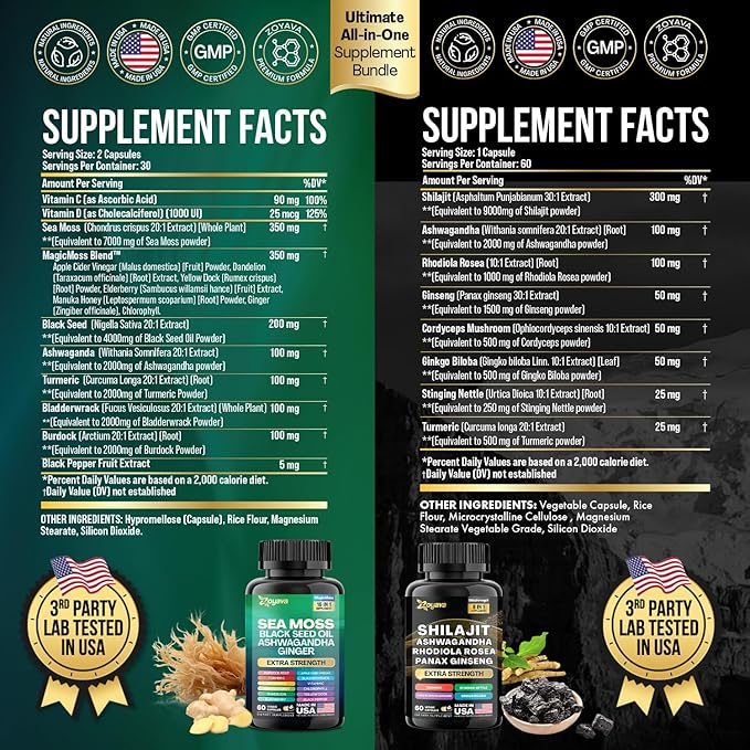 Zoyava Dynamic Vitality Bundle, Sea Moss 7000mg, Black 4000mg, Ashwagandha 2000mg, Ginger 9000mg, Rhodiola 1000mg, Panax (60 Count)