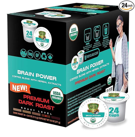 SOLLO Brain Power Dark Coffee Pods MCT & Essential nutrition, Nootropic Brain Booster, For Memory & Focus Compatible with 2.0 K-Cup Keurig Brewers, 24 Count