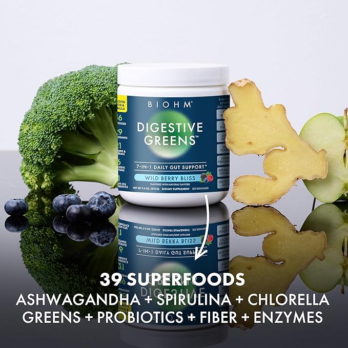 BIOHM Digestive Greens, Green Superfood Powder with Antioxidants, Vitamins and Probiotics, Super Greens, Supplement with Enzymes, Ashwagandha, Spirulina, Chlorella, Berry Flavor (30 Servings)