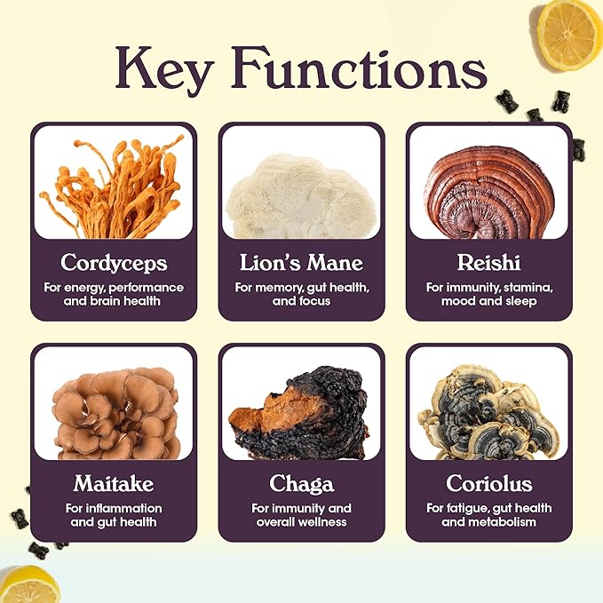 Nutrops Sugar-Free Functional Nootropics Mushroom Gummies for adult, Herbal Brain Supplement Gummy for Energy, Brain Health, Mood & Focus - Lions Mane, Cordyceps, Reishi, Maitake, Chaga & Coriolus Blend, 28 serve