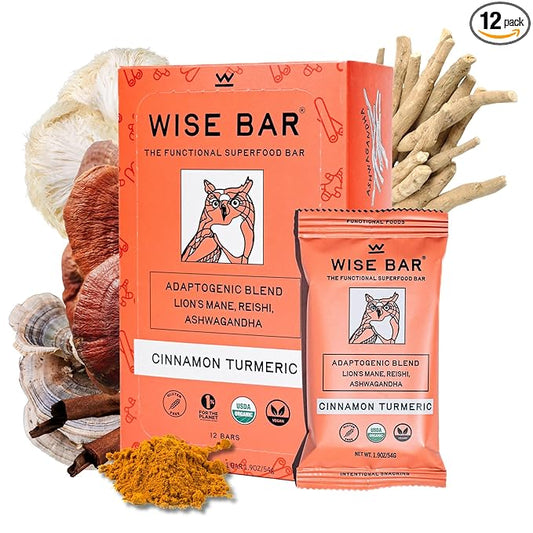 WISE BAR Adaptogen Mushroom Nutrition Bars with Reishi, Lions Mane & Ashwagandha, Organic Vegan & Gluten Free Snacks for Natural Focus, Energy & Immunity Support, Cinnamon Turmeric Flavor, 12 Count