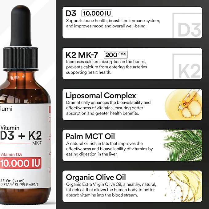 lumi Vitamin D3 K2 MK7 w Palm MCT Oil - 10000 IU D3, 200 mcg K2 MK7-60ml Liposomal Absorption Sublingual Liquid Drops - Non-GMO, Vegan, Unflavored Liquid - Monthly Supply - 2 Fl Oz