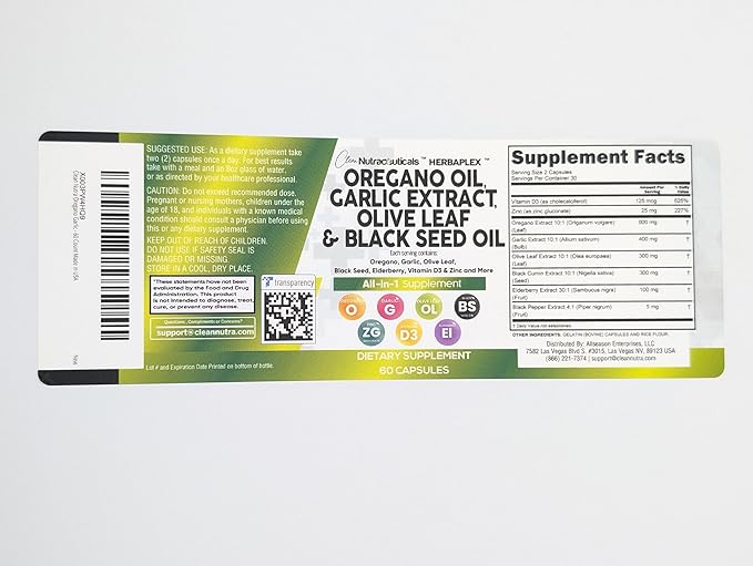 Clean Nutraceuticals Oregano Oil Garlic Extract Olive Leaf Black Seed Oil - Immune Support & Digestive Health Supplement for Women and Men with Vitamin D3 & Zinc - 1Pack