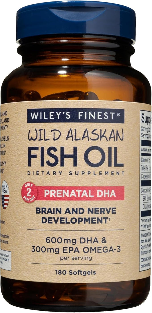 Wiley's Finest Wild Alaskan Fish Oil 600mg DHA Omega-3s - 180 Softgels (90 Prenatal