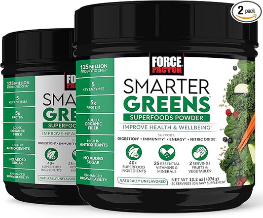 FORCE FACTOR Smarter Greens Superfoods Powder, 2-Pack, Supports Digestion and Bloating, Immunity, and Energy, Greens Powder with Probiotics, Digestive Enzymes, Antioxidants, and Fiber, 60 Servings