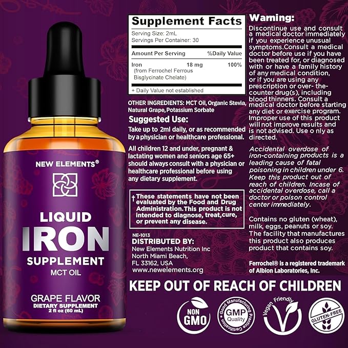 Iron Supplement for Women & Men Free Blood Builder, Iron Vitamin for Anemia | Liquid Iron Drops for Adults with MCT Oil, Natural Grape Flavor, Faster Absorption & Immune Support, 2 Fl Oz