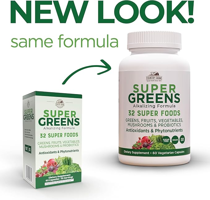 COUNTRY FARMS Super Greens Vegicaps, 32 Super Foods, Whole Food Supplement, Greens, Fruit, Vegetables, Mushrooms & Probiotics, Rich in Antioxidants & Phytonutrients, 60 Count, 30 Servings