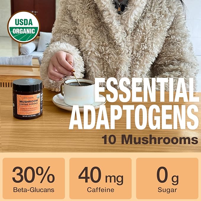 Organic Mushroom Coffee – 30% Beta-Glucans, Arabica Instant Coffee Infused with Fungipure™ Mushrooms - Lions Mane, Reishi, Turkey Tail, 72 Grams - 36 Servings