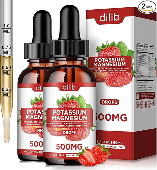 Potassium Magnesium Citrate Supplement, Liquid Magnesium Citrate Drops 500mg with Ashwagandha, Calcium, Zinc, Vitamin D3, B6, B12, CoQ10 - Support Calm & Bone & Muscle & Immune Health Vegan 2 Pack